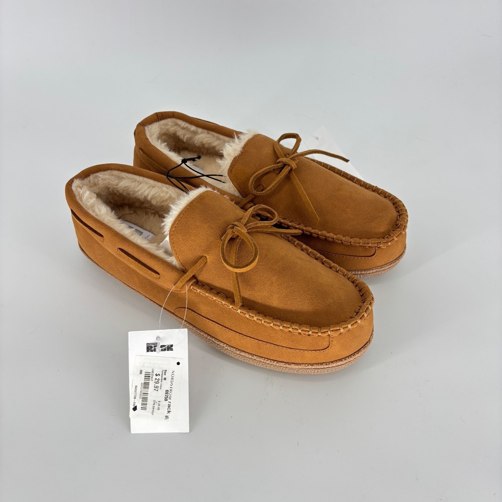 New Nordstrom Rack Dutton Faux Shearling Slippers Chestnut Men Size Medium 9-10